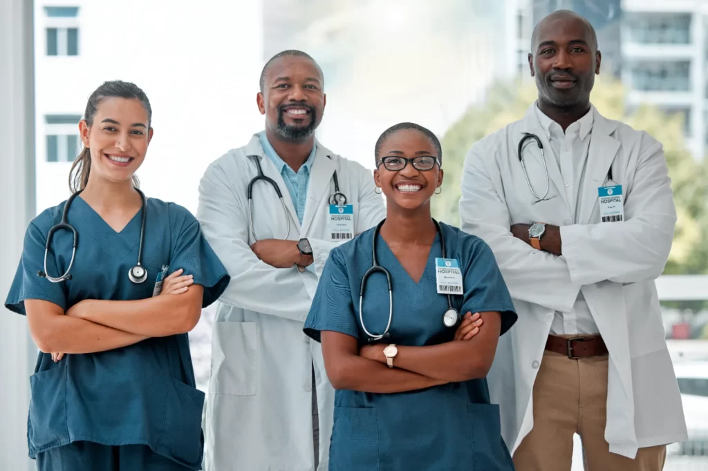 smiling medical professionals in a modern hospital utc